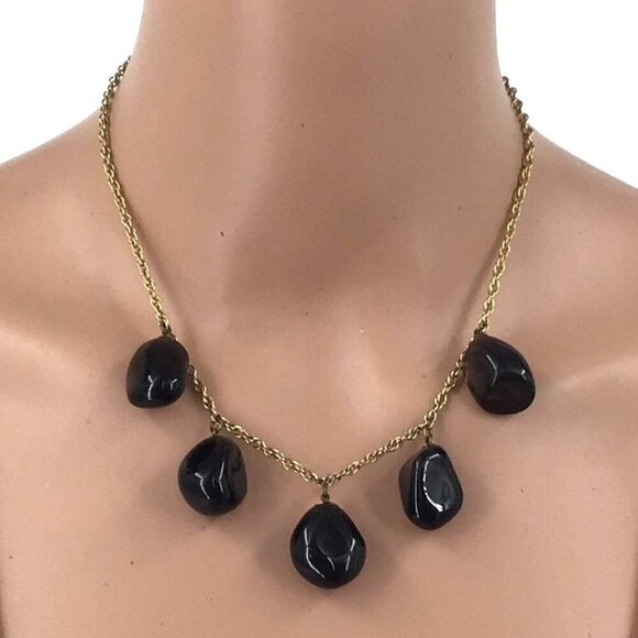 Natural Stone Fringe Necklace Gold Tone Chain 17 Inch Length - Picture 1 of 4